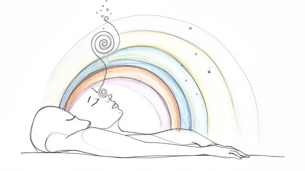 A person meditating or relaxing, with a colorful rainbow arch and swirling energy lines.