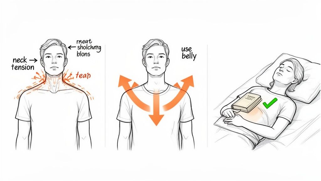 Three illustrations demonstrate diaphragmatic breathing techniques, showing neck tension, proper belly use, and practice with a book.