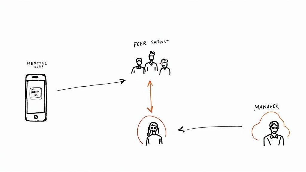 Diagram showing a mental health app connecting a user to peer support and a manager.