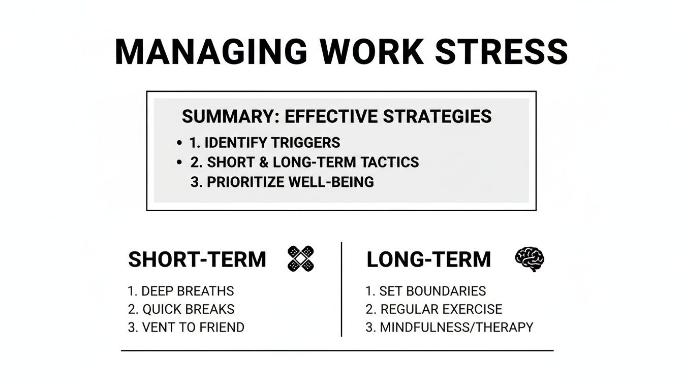 A guide to managing work stress, outlining effective strategies like identifying triggers, short-term, and long-term tactics.