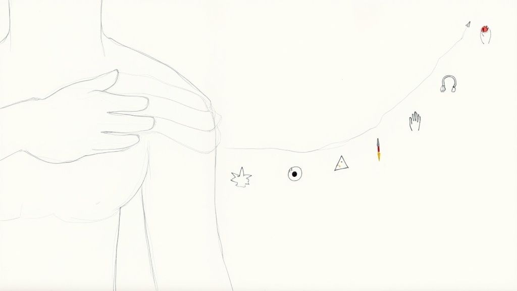 Minimalist drawing of a person's upper body with a hand on the shoulder and a symbolic path of icons.