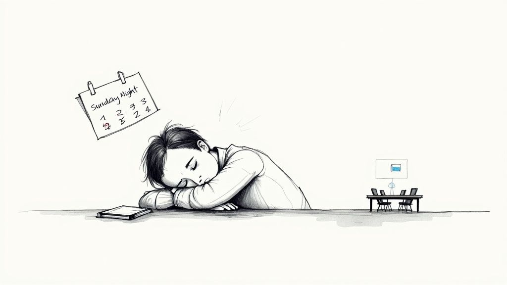 Exhausted professional resting head on desk beside phone with calendar showing Sunday Night