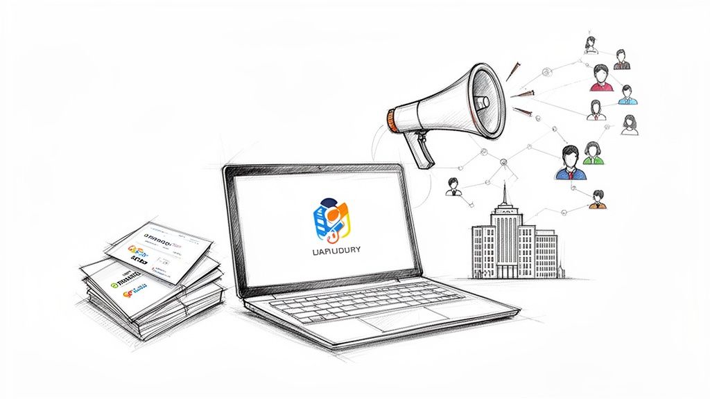 A sketch illustrating digital marketing with a laptop, megaphone, diverse audience, and business documents.