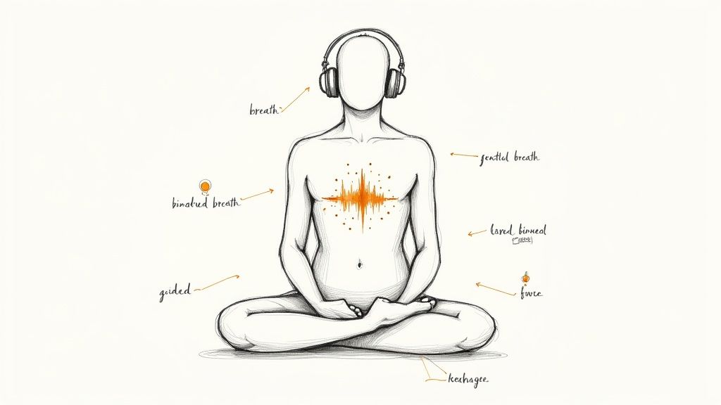 Sketch of a person meditating in lotus position with headphones, highlighting breath and sound.