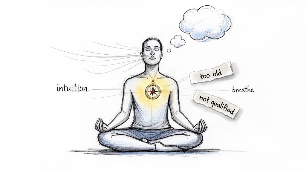 An illustration of a person meditating with a glowing compass for intuition, letting go of distracting thoughts.