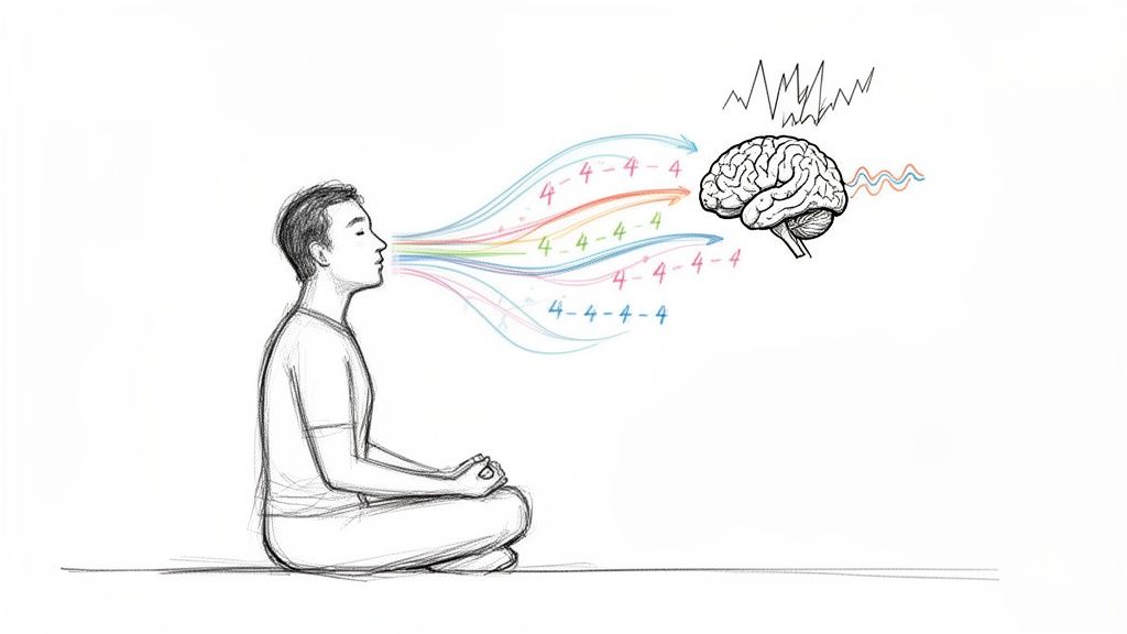Illustration of a person meditating, showing breath influencing brain activity and focus.