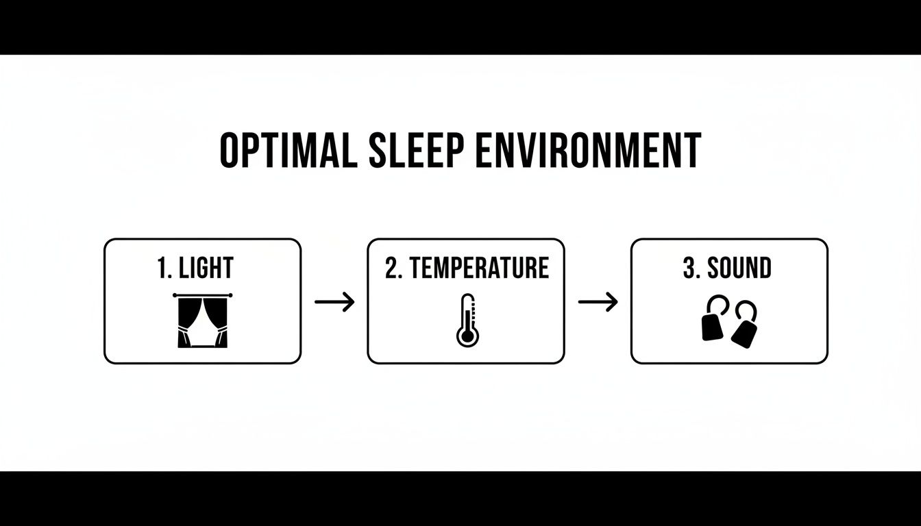 Flowchart illustrating the optimal sleep environment, highlighting light, temperature, and sound factors.