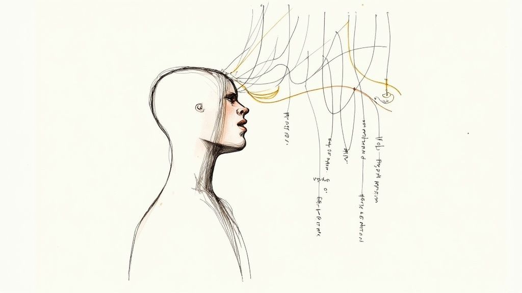 A person's silhouette with their head filled with tangled lines, representing complex, hidden beliefs.