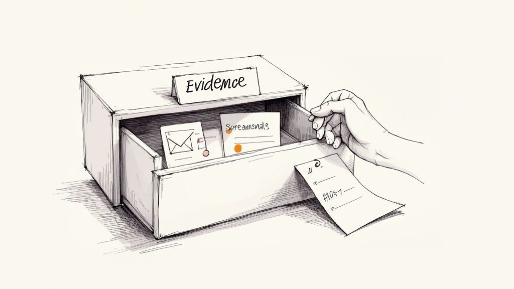 A sketch of a hand opening an 'Evidence' drawer with files, including 'Screannails' and a note.