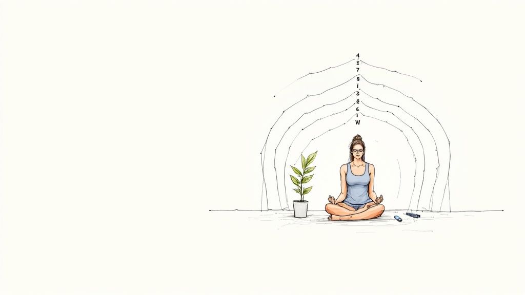 Woman meditating in lotus position with concentric circles representing mental clarity and thought management