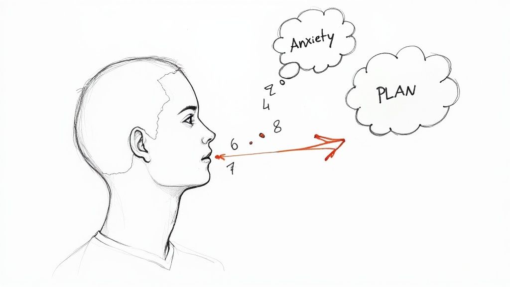 Drawing of a person exhaling, with thought bubbles for 'Anxiety' and 'PLAN', showing mental strategy.