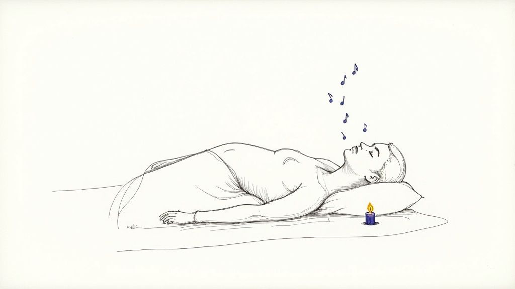 Person lying down peacefully practicing breathwork meditation with candle and musical notes symbolizing relaxation