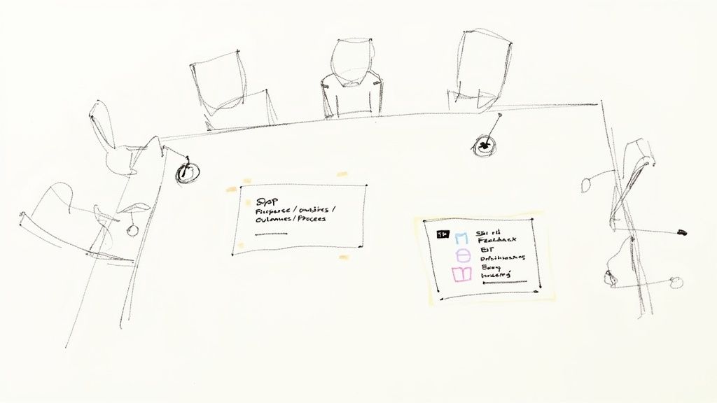 A simple sketch of a meeting room setup with a table, chairs, and two boxes of handwritten notes.