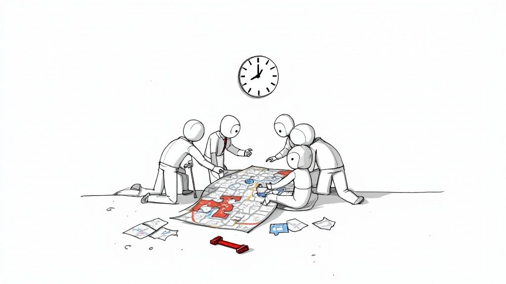 White stick figures collaboratively plan a strategy using a map and markers, observed by a clock.