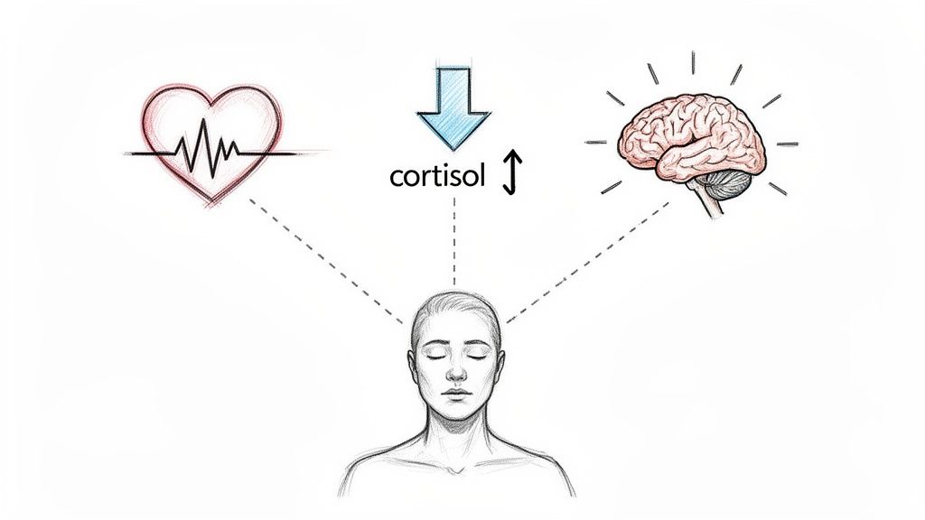 Illustration of a calm person showing a healthy heart rate, reduced cortisol, and an active brain.