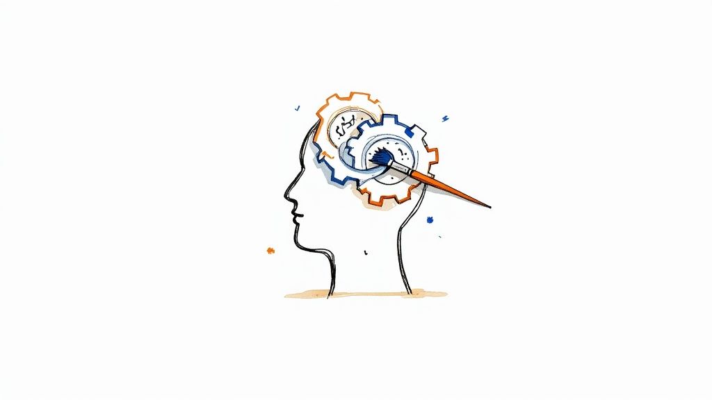 A person's head with glowing gears inside, symbolizing the internal workings of the mind.