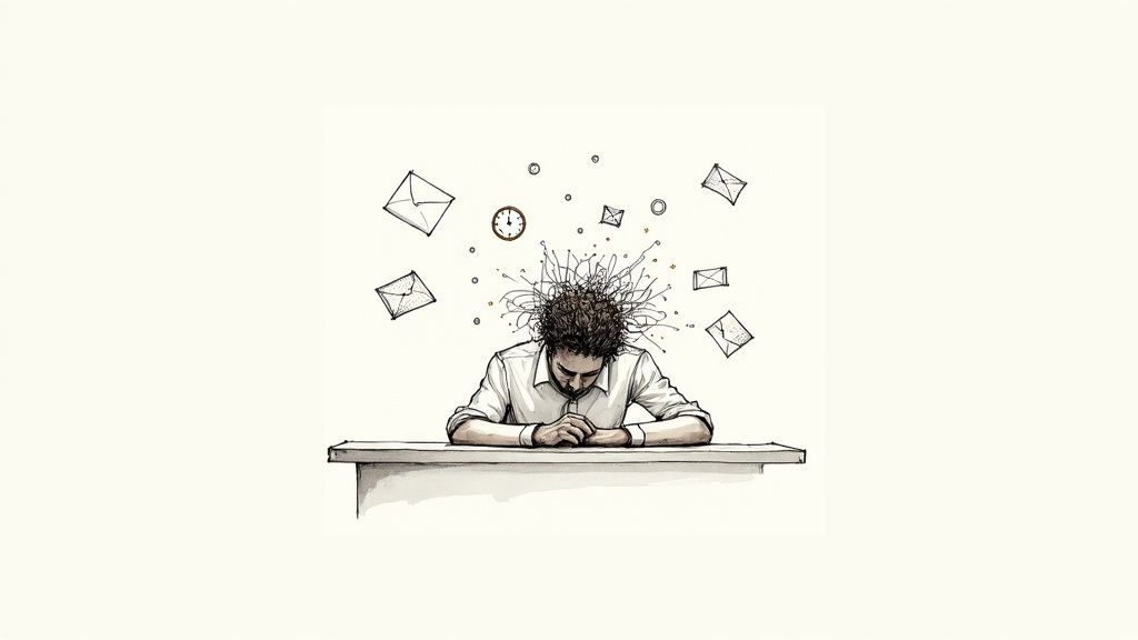 A person sitting at a desk with their head in their hands, looking stressed.