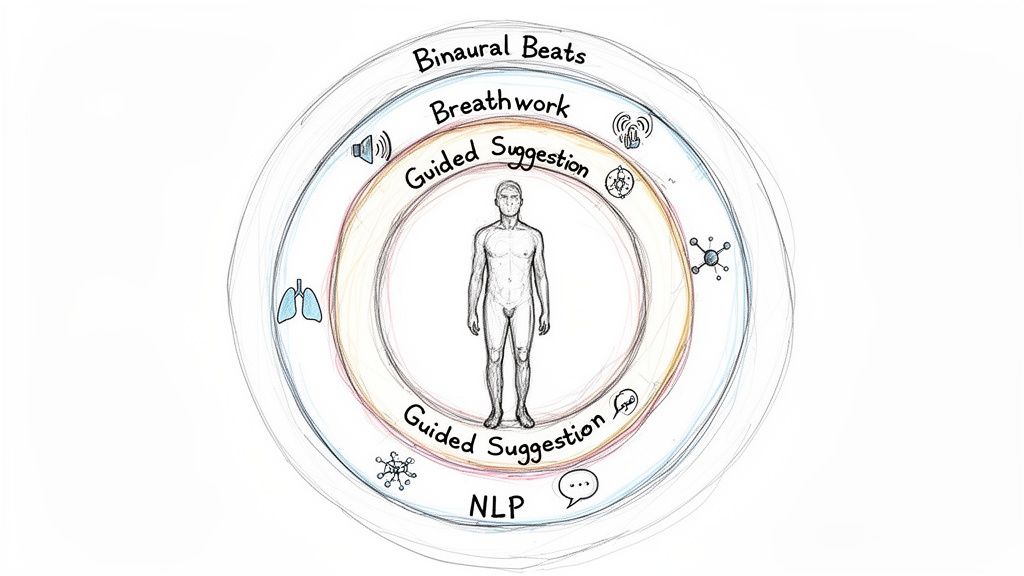 Diagram illustrating a holistic approach to well-being, featuring a human figure surrounded by methods like Binaural Beats, Breathwork, Guided Suggestion, and NLP.