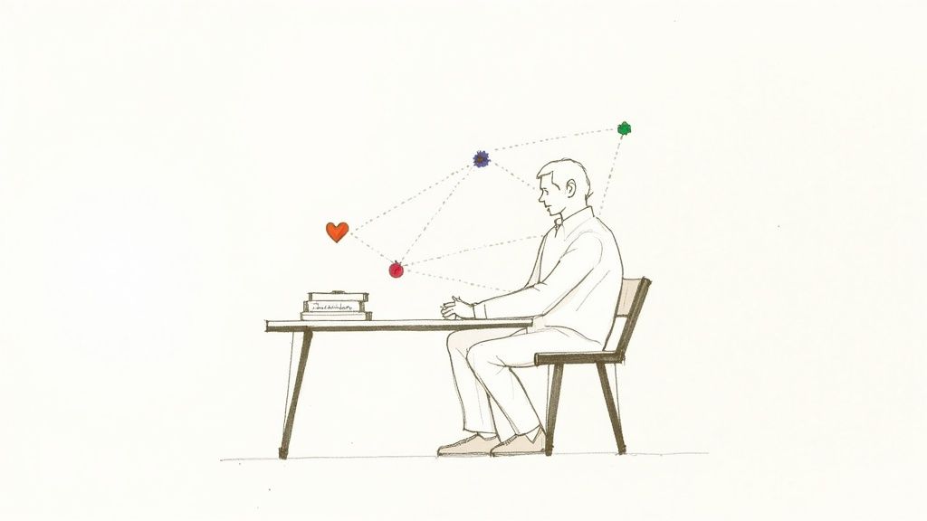 Illustration of a man at a desk, surrounded by abstract shapes and a heart connected by dotted lines.