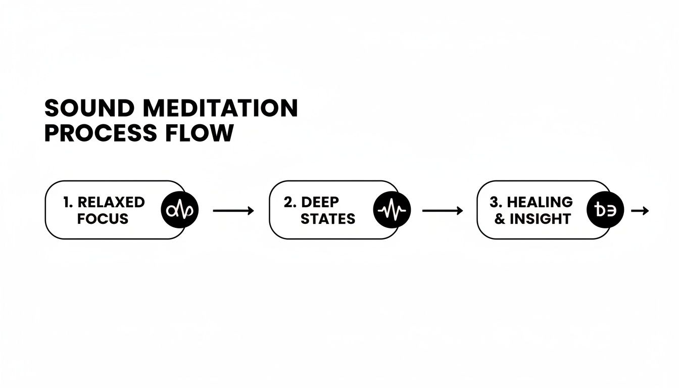 Sound meditation process flow diagram showing steps: relaxed focus, deep states, healing & insight.