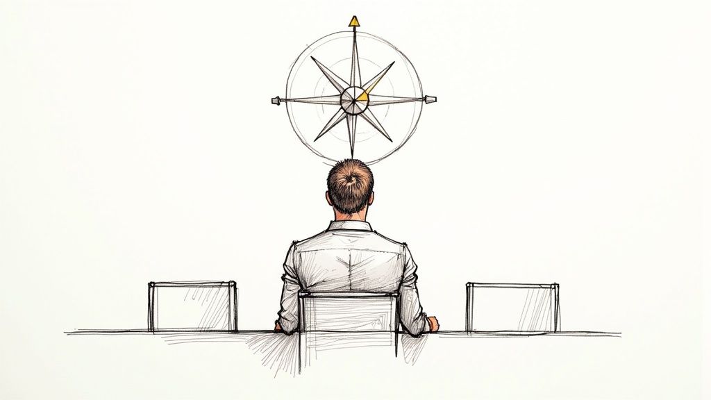 A professional woman sitting at her desk, looking thoughtfully out a window, symbolizing reflection and self-awareness in a corporate setting.