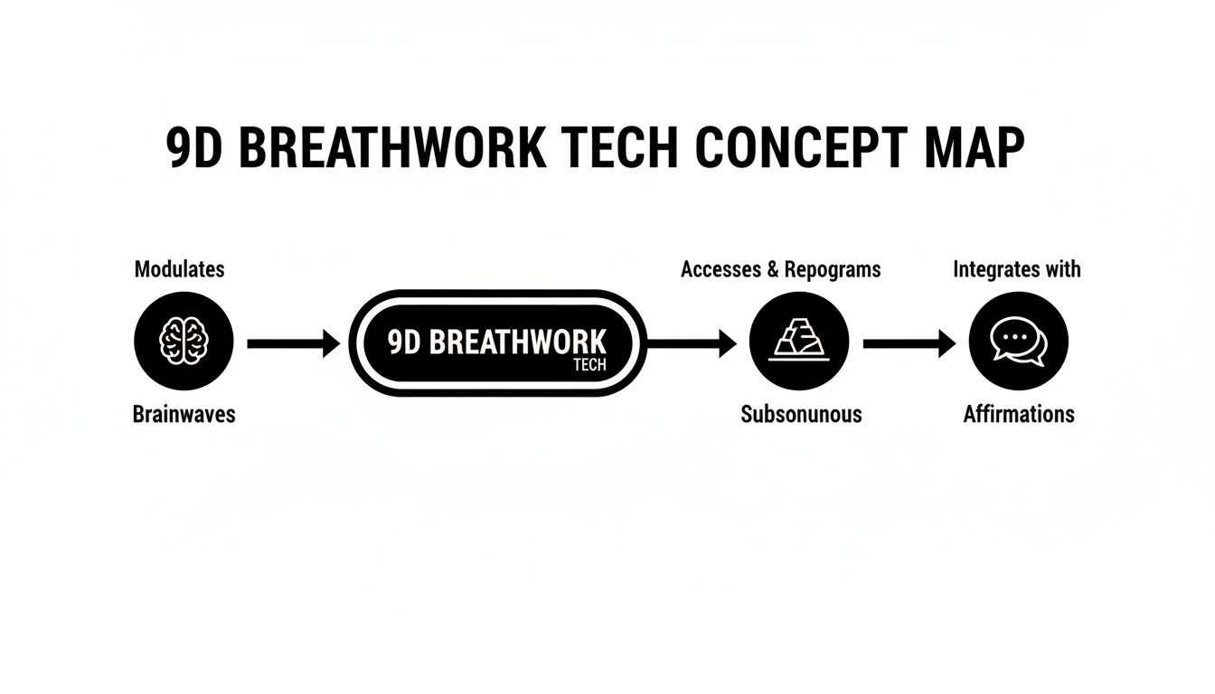 A 9D Breathwork Tech concept map illustrating its modulation of brainwaves, access to subsonunous, and integration with affirmations.
