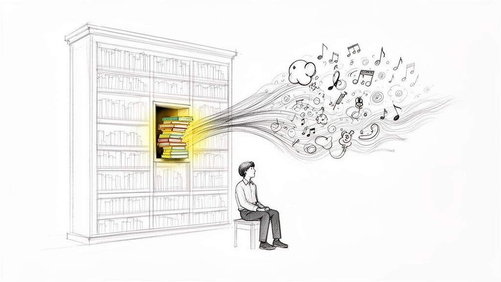 A person watches music notes and creative ideas stream from colorful books on a bookshelf.