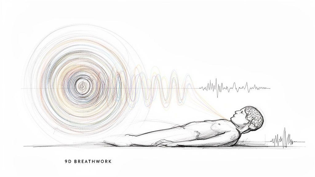 Illustration of a person doing 9D breathwork, with energy spirals and brainwave patterns.