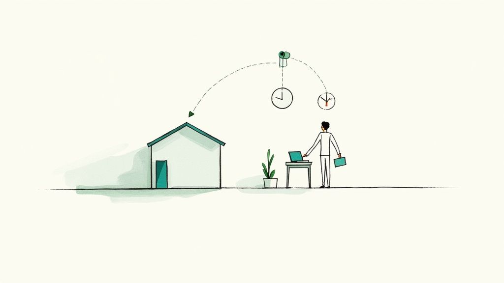 Illustration showing a person working remotely, connected to a house via smart home technology and clocks.