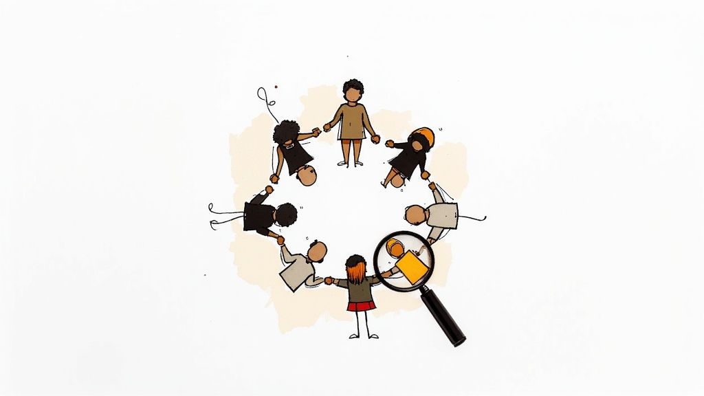 Diverse group of people holding hands in a circle, with a magnifying glass highlighting one person.