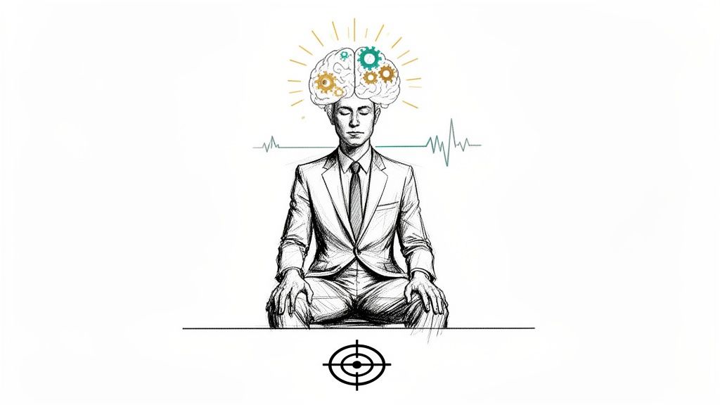 Sketch of a businessman meditating with a radiant, gear-filled brain, pulse waves, and a target symbol.
