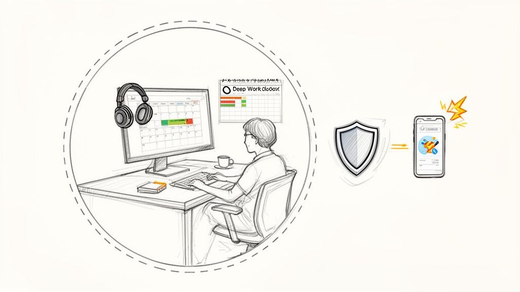 Illustration of a person focusing on deep work at a computer, with digital security protecting a smartphone.