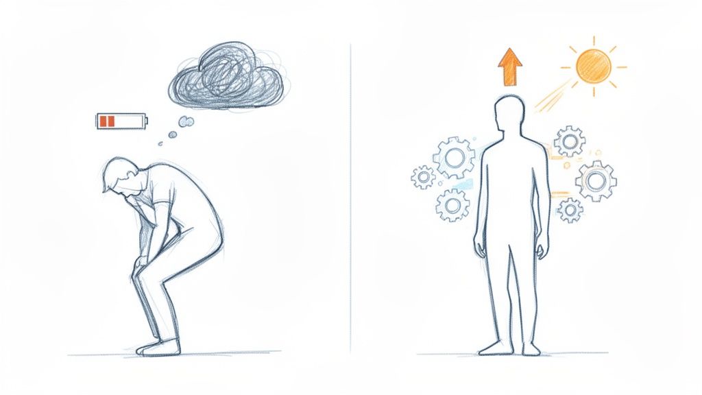 Side-by-side illustration showing low energy/mood versus high energy/productivity.