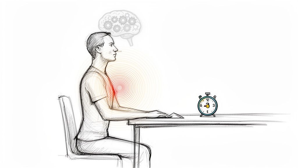 Illustration of a person working at a desk, experiencing chest pain, with a thinking brain and an alarm clock.
