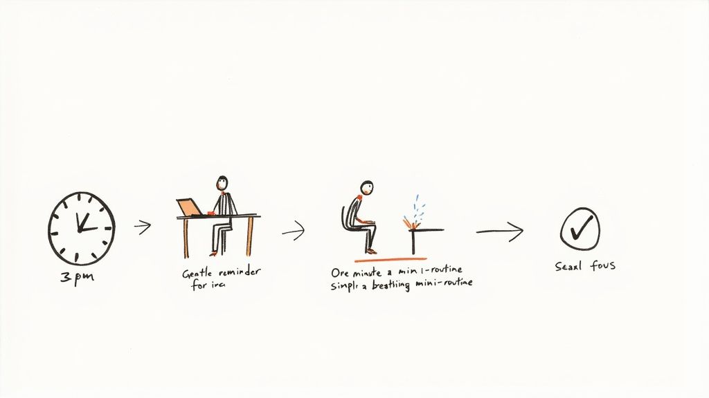 A person sitting at a desk, practicing a breathing exercise during a break.
