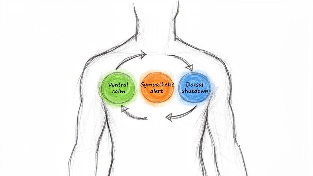 Diagram showing three nervous system states: ventral calm, sympathetic alert, and dorsal shutdown, arranged in a cycle on a human torso.