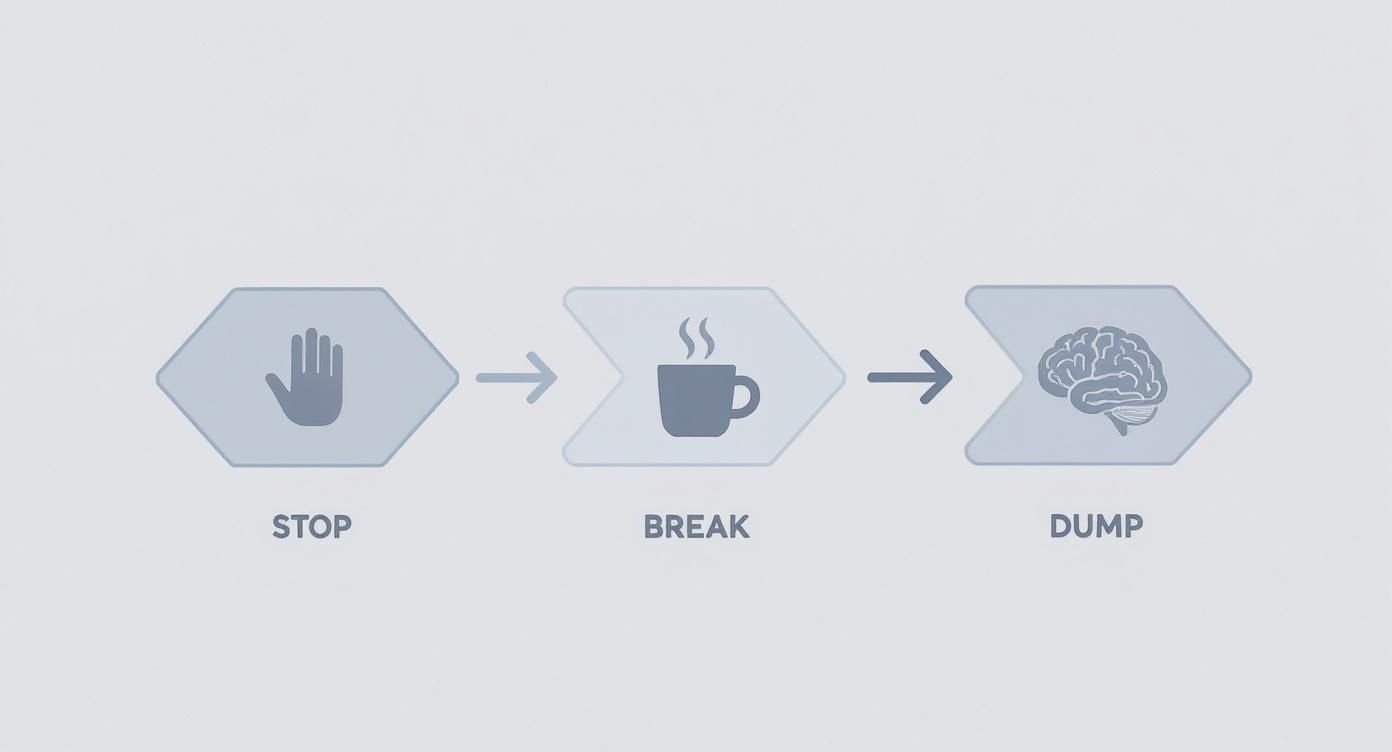 Three-step workflow diagram showing stop hand, coffee break cup, and brain dump icons representing burnout recovery process