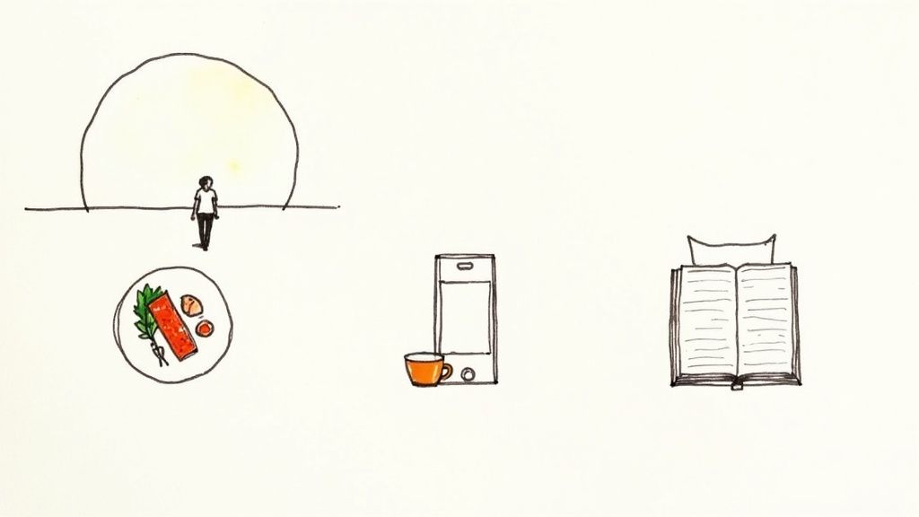 A minimalist sketch of a person, a plate of food, a smartphone with coffee, and an open book.