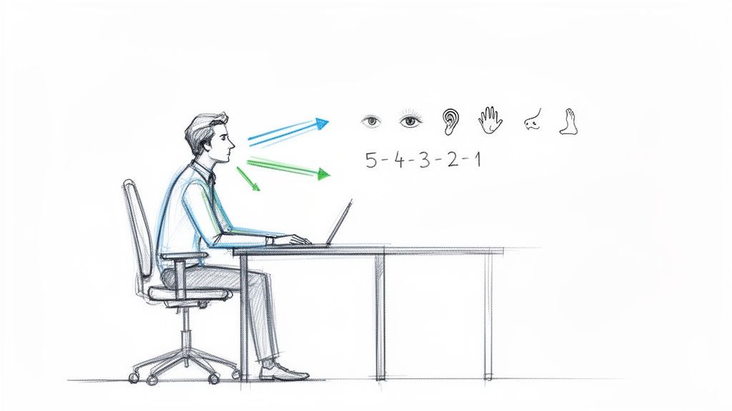 A sketch illustrates a person at a laptop, practicing the 5-4-3-2-1 grounding technique with sensory icons.
