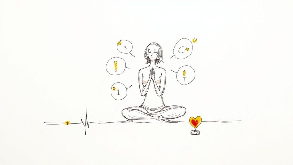 Person meditating in lotus position surrounded by wellness icons including heartbeat and heart symbol