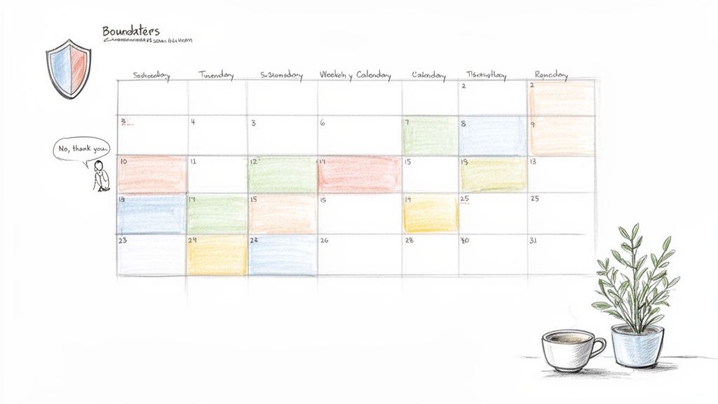 A whimsical sketch of a calendar with colored dates, a shield, a figure, coffee, and a plant.