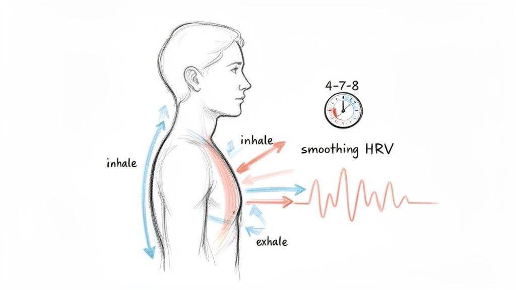 Illustration of 4-7-8 breathing technique showing inhale, exhale, and its effect on smoothing heart rate variability (HRV).
