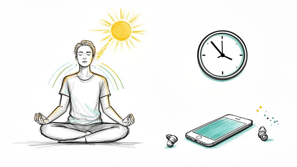 A sketch of a person meditating with sun rays, a clock, a smartphone, and earbuds.