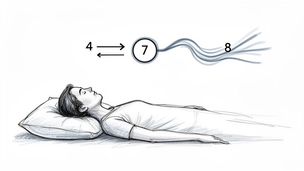 Illustration of a sleeping person with a diagram above showing numbers 4, 7, and 8 connected by arrows and wavy lines.