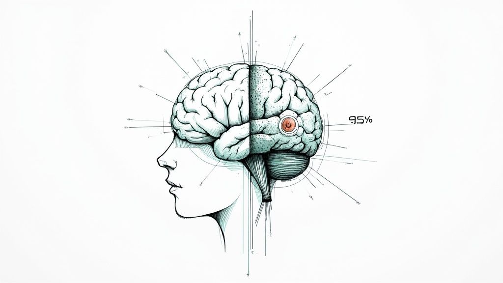 Anatomical illustration of human brain showing neural pathways with 95% marker highlighting subconscious mind capacity