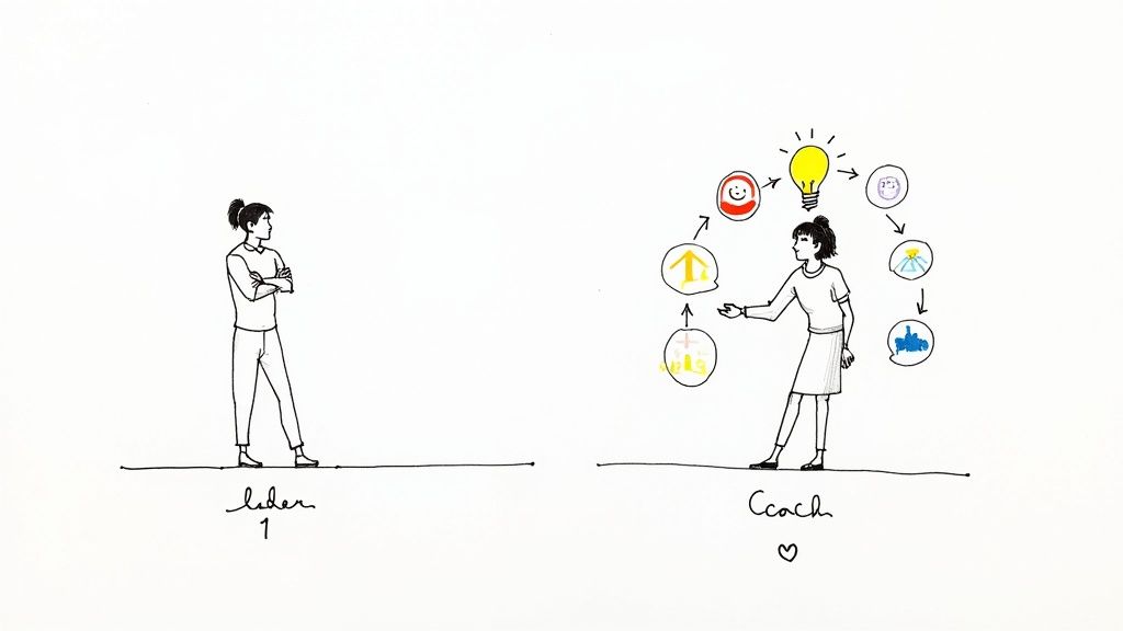 An illustration showing a person feeling stuck, contrasted with a coach offering various ideas and paths.