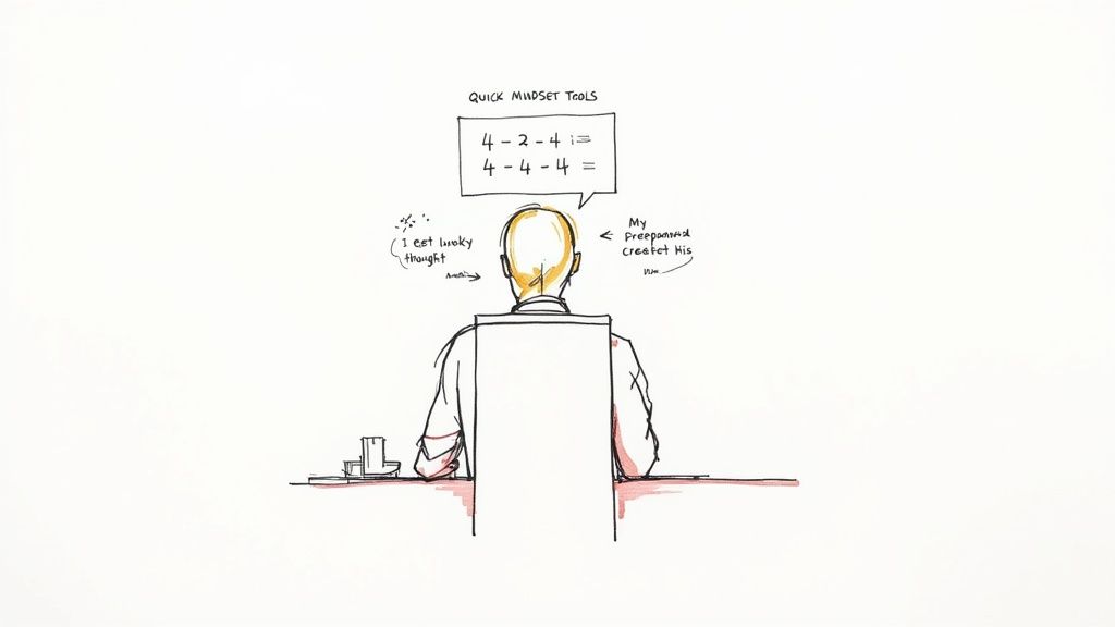 An illustration showing a person from behind, with thought bubbles featuring 'Quick Mindset Tools' and equations, representing internal thought processes.