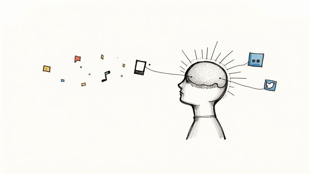 A line drawing of a human head with a brain, connected to a smartphone and social media icons, depicting digital influence.