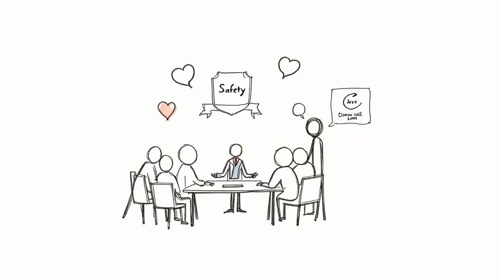 A sketch of people in a meeting discussing safety and love, with hearts and a 'Safety' shield.