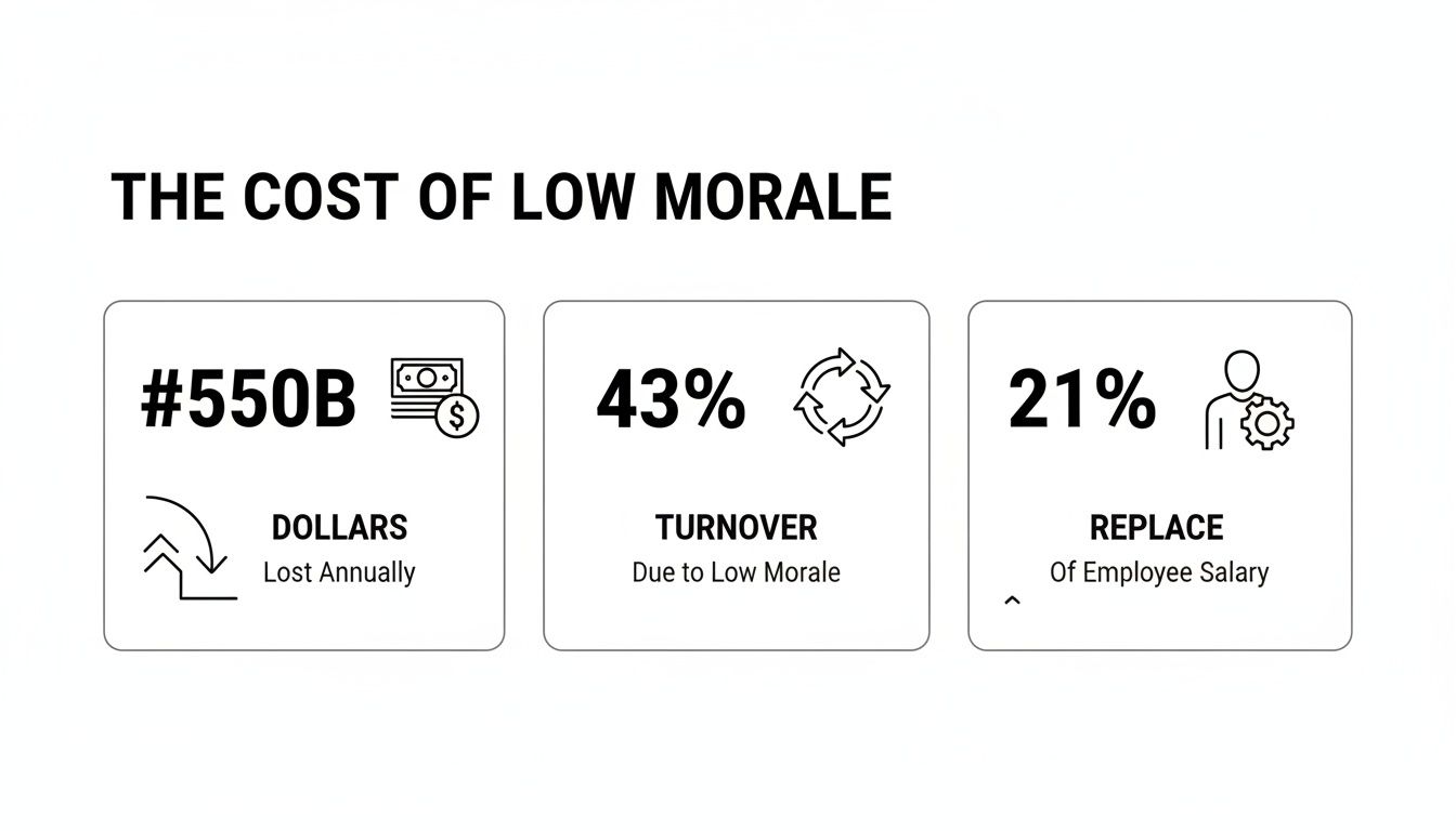 An infographic illustrating the significant financial impact and employee turnover due to low morale.